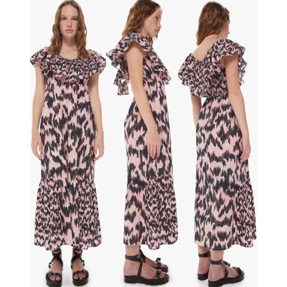 Maria Cher Dabir 100% Cotton Ruffle Trim V-Neck Smocked Midi Dress Size Small